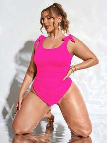 1 pieza Traje de baño de una sola pieza con fruncido de unicolor, estilo de vacaciones en la playa de verano para tallas grandes - Rosa Fucsia - Ver 4