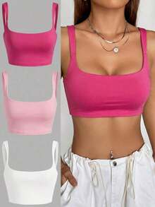 3 piezas Camiseta de tirantes de unicolor y corta para mujeres - Multicolor 2 - Ver 1