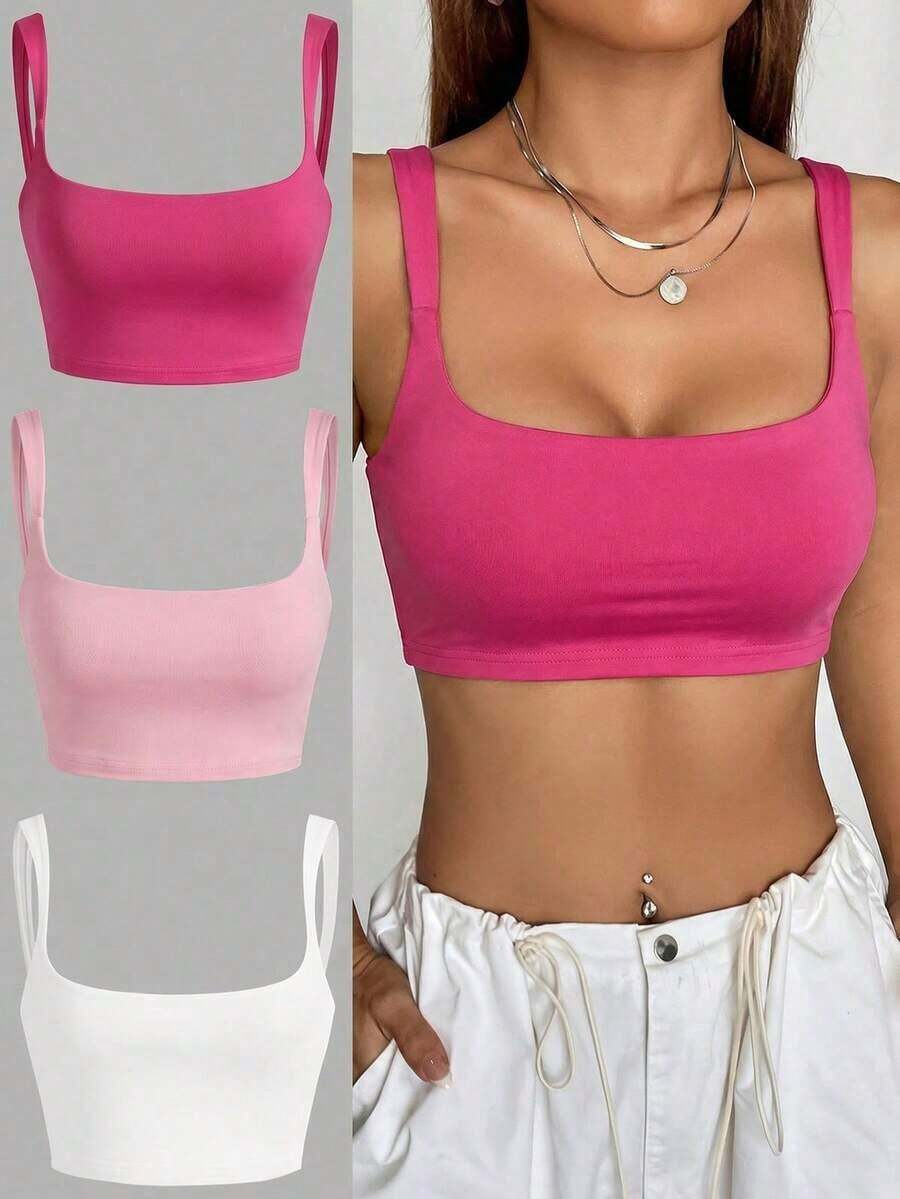 3 piezas Camiseta de tirantes de unicolor y corta para mujeres - Multicolor 2 - Ver 1