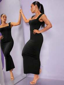 Vestido ajustado unicolor de cuello cuadrado - Negro - Ver 6