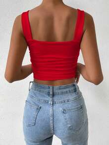 Top Cami Ajustado de Pliegues unicolor y Corto para el Verano - Rojo - Ver 2