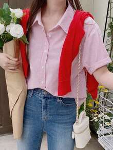 de manga corta con cuello de solapa bordada con lazo, para primavera y verano - Rosa vieja - Ver 2