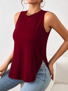 1 pieza Camiseta casual de mujer de cuello redondo y bajo con abertura lateral de un solo color - Burdeos - Ver 5
