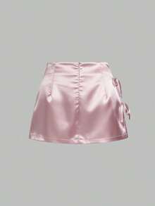 Minifalda de satén rosa con abertura y lazo, estilo A-line, sexy, adecuada para uso diario - Rosa - Ver 2