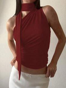 Camiseta de tirantes con diseño elegante, ajuste ceñido y pliegues con unicolor para mujer en verano - Rojo - Ver 8