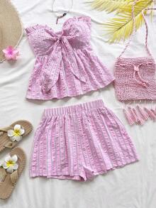 Set de 2 piezas para mujer con parte superior corta sin mangas con volantes y estampado de rayas y flores, y shorts casuales para verano, vacaciones en la playa y fiestas - Multicolor - Ver 3