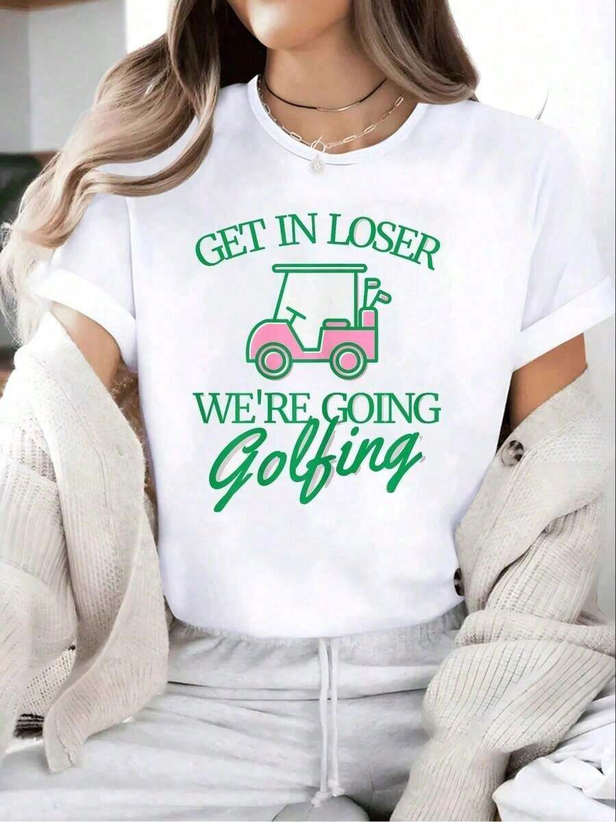 ¡Pónganse esta camiseta y prepárense para jugar golf, ustedes, perdedores! Lindos diseños de carritos de golf, golfistas y mamás, camiseta de manga corta con cuello redondo, top casual de algodón estampado, estilo femenino. - Blanco - Ver 1