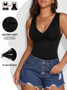 Camiseta sin costuras con cuello en V de unicolor y elegante para mujer, casual en color negro - Negro 2 - Ver 1