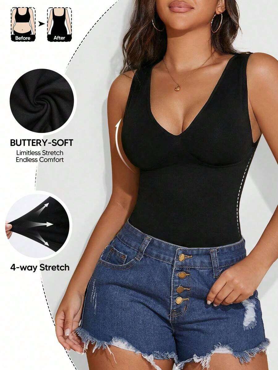 Camiseta sin costuras con cuello en V de unicolor y elegante para mujer, casual en color negro - Negro 2 - Ver 1