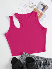 Top Sin Mangas De Punto Acanalado Con Hombro Cortado Sólido Para Verano - Rosa Fucsia - Ver 6