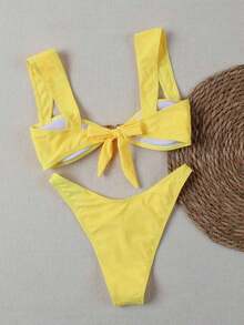 Nuevo conjunto de bikini de mujer sexy y casual con tirantes anchos y decoración de estrella de mar en color caqui, adecuado para la playa, vacaciones, fiestas y citas - Amarillo - Ver 3