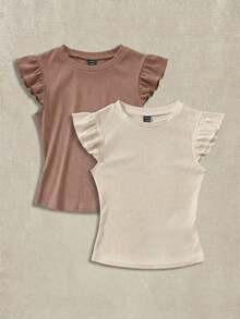 Set de 2 tops de camiseta de cuello redondo ajustados de tela acanalada en negro y rojo rosa, apropiados para verano con mangas con volantes, adecuados para salir - Multicolor 5 - Ver 9
