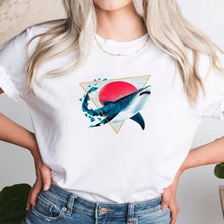 Camiseta informal de algodón de manga corta con cuello redondo y estampado gráfico de tiburón para mujer, perfecta para el uso diario. - Blanco - Ver 1