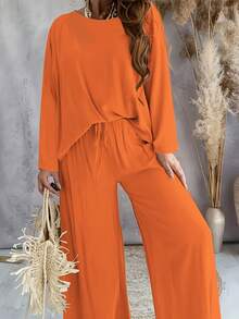 Relaxed Solid Color Pants Set, Long-Sleeved Round-Neck Top And Wide-Leg Pants, Women's Clothing - 珊瑚橙 - 查看 1