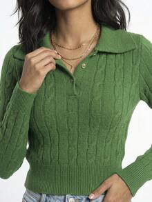 Aletheia - Women's Braided Polo Shirt, Long Sleeve, Braided Modal Knit, Winter - 綠色 - 查看 2