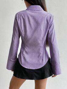 Camisa de manga larga casual a rayas que ciñe la cintura, apta para primavera/verano/otoño, tops de manga larga - Morado - Ver 2