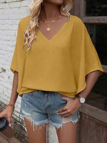 Camisa de manga corta de unicolor, cuello en V, holgada y casual para vacaciones - Amarillo - Ver 6