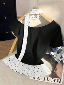 Camiseta elegante y romántica de uso diario y casual con hombros oblicuos, manga corta, lunares, encaje y volantes, ideal para primavera/verano - Negro - Ver 2
