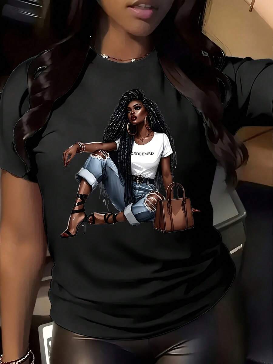 Camiseta de mujer de manga corta con estampado moderno, cuello redondo, tela de elasticidad media, adecuada para todas las estaciones, camisas de algodón para mujer, blusas negras para damas. - Negro - Ver 1