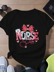 Camiseta de Algodón Oversize para Mujer, Moda 2026 - Camiseta de Mujer Talla Grande con Temática de Enfermería - Casual Deportiva, Manga Corta, Cuello Redondo, Fibra de Poliéster - Negra, con diseño de estetoscopio y corazón, lavable a máquina, camiseta de enfermera, deportiva, diseño de corazón, patrón atractivo y divertido, camiseta holgada y elegante hecha de tela suave y sedosa, camiseta de mujer cómoda, suave, sencilla para uso diario, top de manga corta. - Negro - Ver 7