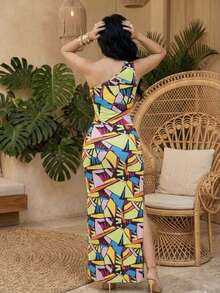 Maxi Vestido Asimétrico Bodycon con Estampado Abstracto y Corte Lateral Elegante - Amarillo - Ver 2