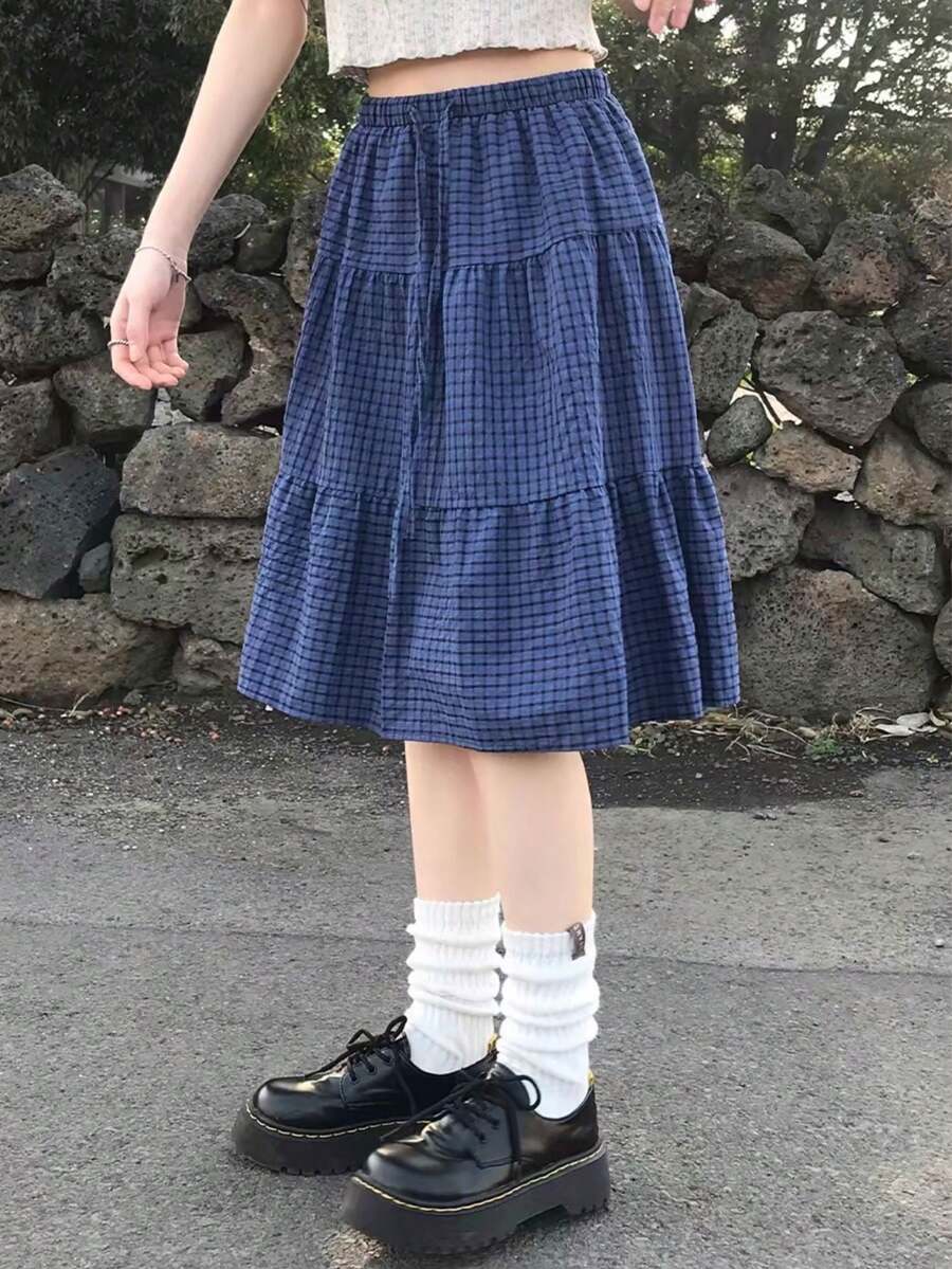 甜美清新的迷你格子层叠半身裙,充满氛围感 - 藍色 - 查看 1