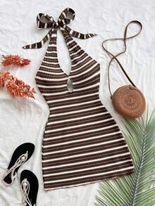 Vestido mini casual para vacaciones, boda en la playa, graduación, brunch, Día de San Patricio, vacaciones de primavera, Pascua, festival de música, elegante bohemio, tropical elegante sin tirantes, hombros descubiertos, espalda descubierta para of - Marrón 2 - Ver 7