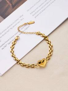 1pc Heart-Shaped Watch Band Bracelet, Korean Fashion Versatile Thick Chain Luxury Design For Girl - Gold - View 4