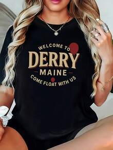 Camiseta Plus Size con Estampado "BIENVENIDO a DERRY MAINE, VEN A FLOTAR CON NOSOTROS", Manga Corta, Cuello Redondo, Negra - Lavable a Máquina, Estilo Casual, Ajuste Cómodo, Diseño Moderno, Versátil para Uso Diario, Tela Suave, Estilo de Moda, Regalo Ideal para Fiestas - Negro - Ver 6