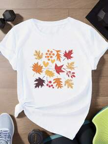 Camiseta de manga corta para mujer con estampado de hojas de arce y bayas de otoño, top negro casual con cuello redondo. - Blanco - Ver 1