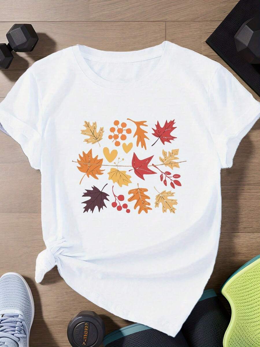 Camiseta de manga corta para mujer con estampado de hojas de arce y bayas de otoño, top negro casual con cuello redondo. - Blanco - Ver 1