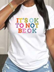 Está bien no estar bien, camiseta de talla grande para mujer, informal, de manga corta y cuello redondo, con tela de elasticidad media, adecuada para primavera, verano y otoño, ropa casual, lavable a máquina, diseño divertido. - Blanco - Ver 7