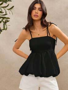Top tipo camiseta sin mangas con tirantes tipo espagueti, lazo, espalda fruncida, dobladillo abullonado, estilo cowgirl, perfecto para el verano, primavera o vacaciones en la playa - Negro - Ver 6