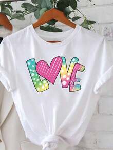 Camiseta de Mujer con Estampado de Letras de Amor Arcoíris, Camiseta Casual de Manga Corta y Cuello Redondo para Primavera-Verano |   Estilo Diario, Salidas Diarias, Regalo de Vacaciones, Blusas para Salir para Mujer - Blanco - Ver 7