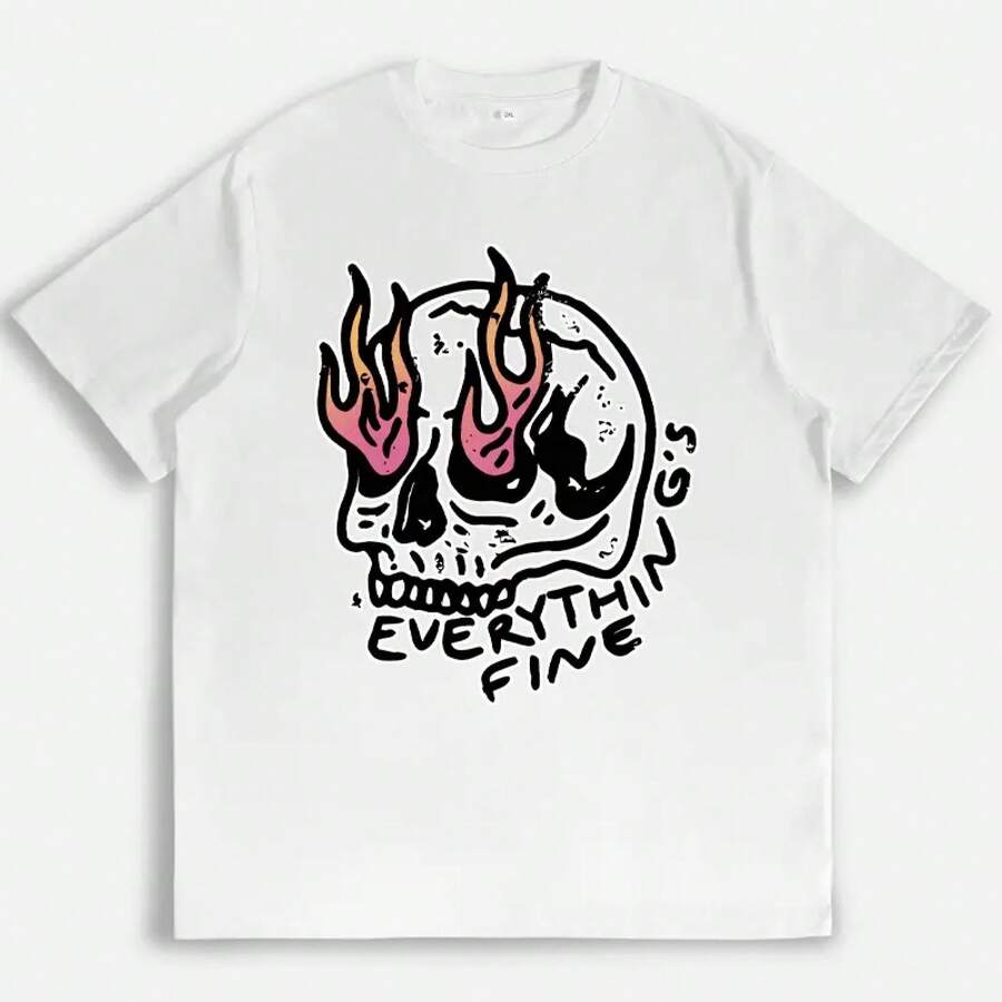 Camiseta Gráfica para Mujer con Estampado de Calavera Llamativa, Estilo Oversized, Streetwear Gótico Punk Y2K, de Algodón Suave, Cuello Redondo, Manga Corta, Casual, para Verano, Conciertos, Festivales, Regalo, Top. - Blanco - Ver 1
