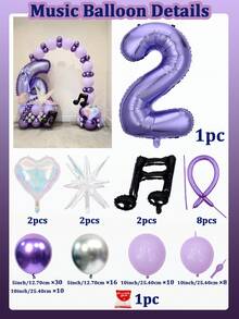 90pcs/Set Purple K-Pop Themed Number Balloon Set, Includes 0-9 Purple Numbers, Purple Latex Balloons/Tail Balloons, Black Music Note Foil Balloons, Colorful Heart/Water Drop Explosion Star Balloons, Suitable For K-Pop Themed Party, Birthday, Anniversary Party Arch Decoration - Music Digital - View 23