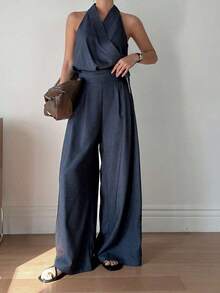 Conjunto de pijama holgado de mujer con cuello en V sin mangas, con lazo lateral, elegante y casual para la ciudad - Azul - Ver 3