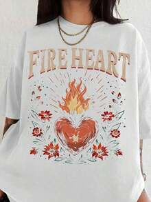 Mujeres Fuego Corazón Imprimir Redondo Cuello Gráfico Tee, Negrita Declaración Tee, Vintage Informal Flor & Figura Imprimir Corto Manga Camiseta Para Diario Desgaste, Señoras Verano Conjunto de ropa Superior, Ropa Urbana2026nueva Estilo Vacaciones Conjuntos de ropa Mujeres Verano Ropa Concierto Conjunto de ropa Mujeres País Concierto Conjunto-Vintage Calle Estilo Unisexo Suelto Algodón Corto Manga Tripulación Cuello Camiseta 100% algodón puro - Blanco - Ver 1
