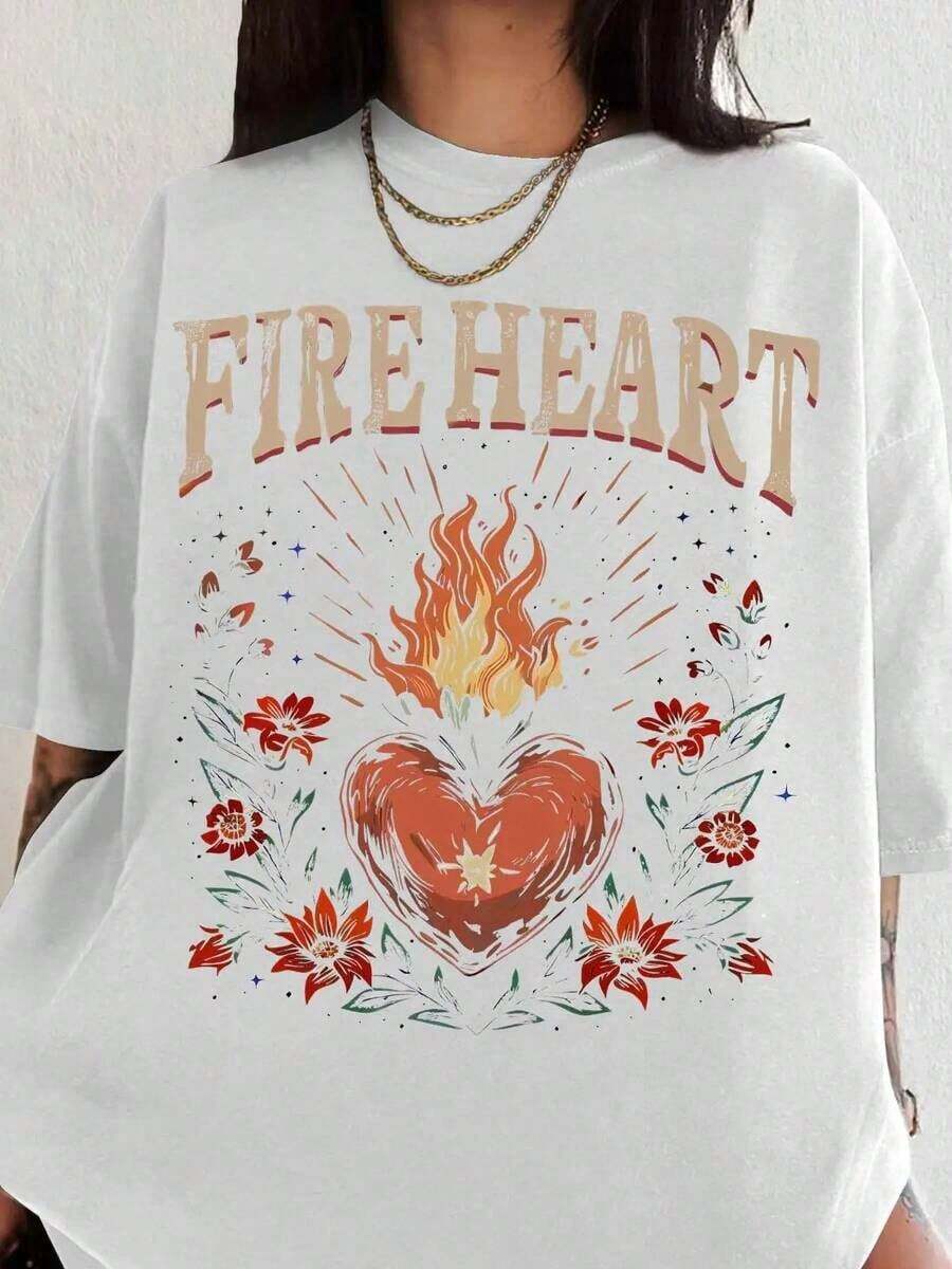 Mujeres Fuego Corazón Imprimir Redondo Cuello Gráfico Tee, Negrita Declaración Tee, Vintage Informal Flor & Figura Imprimir Corto Manga Camiseta Para Diario Desgaste, Señoras Verano Conjunto de ropa Superior, Ropa Urbana2026nueva Estilo Vacaciones Conjuntos de ropa Mujeres Verano Ropa Concierto Conjunto de ropa Mujeres País Concierto Conjunto-Vintage Calle Estilo Unisexo Suelto Algodón Corto Manga Tripulación Cuello Camiseta 100% algodón puro - Blanco - Ver 1