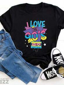 ropa de mujer Camiseta "Me encantan los 90", camiseta vintage de los 90, camiseta retro de los 90, camiseta de cumpleaños de los 90, camiseta de fiesta de los 90, cumpleaños de los 90, camiseta gráfica de los 90, hip hop de los 90. JPG220 g C-AmiS-eta de al-Godón puro de perfecto para relA-Jarse el fin de semana, hA-cer picnics y reuniones familiares. Un regalo iD-eal para padres y familiares. camisas de mujer - Negro - Ver 6