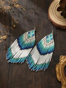 SOUL BEADING Blue & White Gradient Tassel Earrings For Beach Vacation, Photogenic Bohemian Style, Colorful Soul Seed Bead Versatile Design - Cadet Blue - View 2
