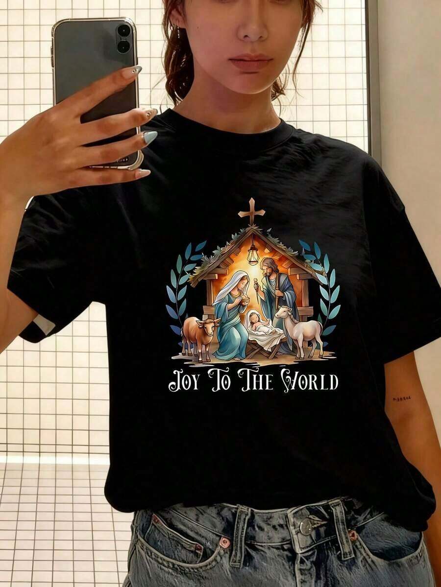 permeability2026Camiseta Negra con Estampado de Nacimiento de Jesus Joy to the World Diseño Religioso Navideño para Mujercoolspacious - Negro - Ver 1