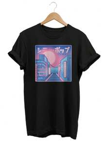 Camiseta Lo Fi Pastel City, camiseta Vaporwave SunS1et, regalo para amantes del anime. Camiseta unisex de algodón puro de 220 g, peso ideal para todas las estaciones, apta tanto para hombres como para mujeres. Tejido duradero de alta calidad, suave al tacto y de larga duración. Prenda transpirable, ideal para el otoño y las vacaciones. - Negro - Ver 1