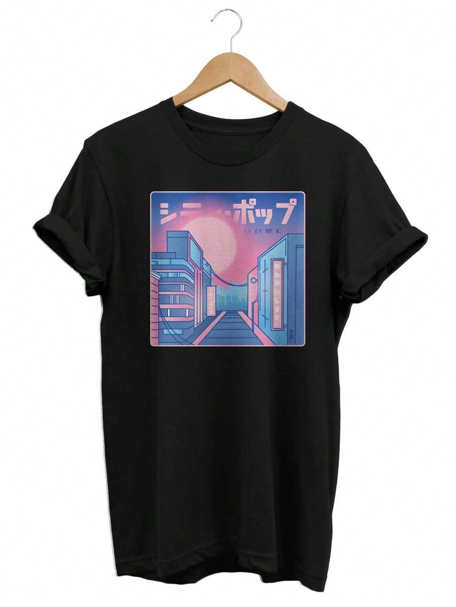 Camiseta Lo Fi Pastel City, camiseta Vaporwave SunS1et, regalo para amantes del anime. Camiseta unisex de algodón puro de 220 g, peso ideal para todas las estaciones, apta tanto para hombres como para mujeres. Tejido duradero de alta calidad, suave al tacto y de larga duración. Prenda transpirable, ideal para el otoño y las vacaciones. - Negro - Ver 1