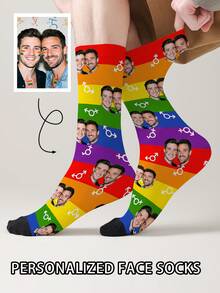 1 par de calcetines de media pantorrilla con patrón de cara personalizado, se puede imprimir cualquier imagen de cara, también disponible para fotos de gatos o mascotas, imagen personalizada divertida combinada con calcetines de longitud media, adecuado para el Día de San Valentín, cumpleaños, regalos y otras ocasiones. - Multicolor - Ver 5