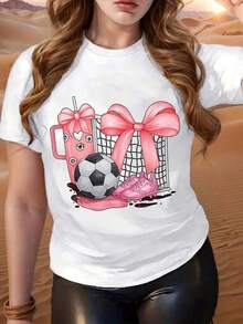 1 pieza clásica y versátil, camiseta de manga corta de algodón puro con dise?o de pelota de fútbol rosa, marco de puerta, tacón y bebida, ideal para usar en todas las estaciones. Estilo moderno. - Blanco - Ver 1