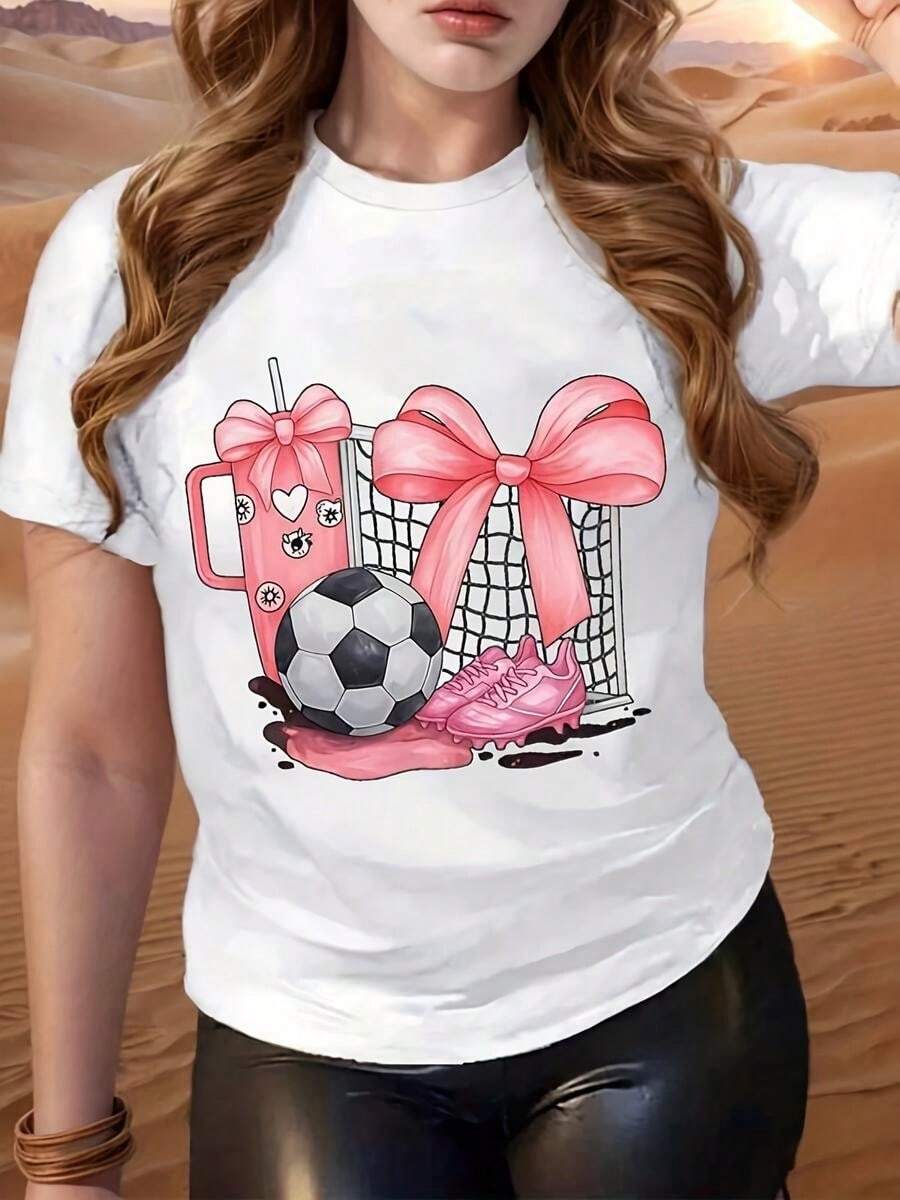 1 pieza clásica y versátil, camiseta de manga corta de algodón puro con dise?o de pelota de fútbol rosa, marco de puerta, tacón y bebida, ideal para usar en todas las estaciones. Estilo moderno. - Blanco - Ver 1