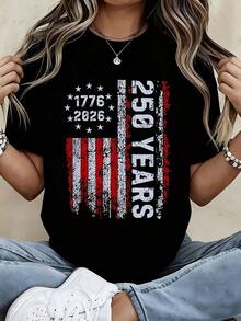 Women's Crew Neck T-Shirt With American Flag Print 1776-2026 250 Years Of Independence, Short Sleeve, Casual Style For Patriotic Celebration - 黑色 - 查看 1