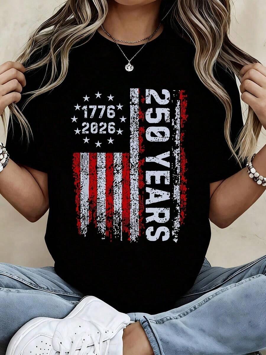 Women's Crew Neck T-Shirt With American Flag Print 1776-2026 250 Years Of Independence, Short Sleeve, Casual Style For Patriotic Celebration - 黑色 - 查看 1
