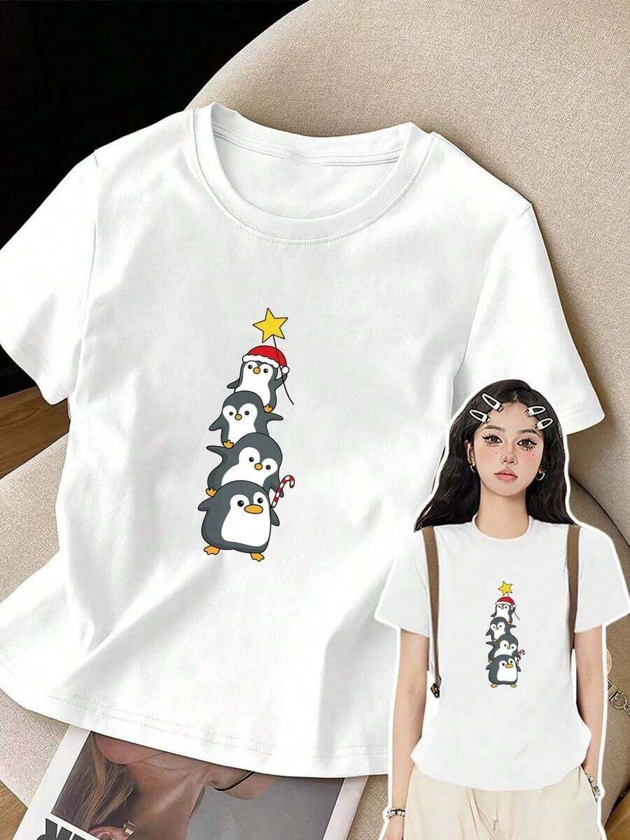 Camisetas de manga corta de talla grande para mujer, ideales para el verano, camisetas básicas de uso diario, camiseta estampada de manga corta - Pingüino Navideño, Feliz Navidad - Camiseta estampada de primavera/verano para mujer, artículo de moda, versátil y casual, transpirable y cómoda. - Blanco - Ver 1